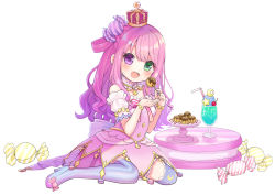 Rule 34 | 1girl, asymmetrical legwear, blush, bracelet, candy hair ornament, chocomarybadend, crescent, crescent necklace, crown, detached sleeves, dress, food, food-themed hair ornament, frilled dress, frilled skirt, frilled thighhighs, frills, full body, gradient hair, green eyes, hair ornament, hair rings, heterochromia, high heels, himemori luna, himemori luna (1st costume), holding, holding food, hololive, jewelry, long hair, looking at viewer, mini crown, miniskirt, mismatched legwear, multicolored hair, necklace, one side up, open mouth, pendant, pink dress, pink hair, pink skirt, pleated skirt, princess, puffy short sleeves, puffy sleeves, purple eyes, shoes, short dress, short sleeves, simple background, sitting, skirt, sleeveless, sleeveless dress, smile, solo, spaghetti strap, star (symbol), star necklace, striped clothes, striped thighhighs, takoyaki, teeth, thighhighs, upper teeth only, vertical-striped clothes, vertical-striped thighhighs, virtual youtuber, wariza, wavy hair, white background, white sleeves