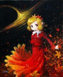 Rule 34 | 1girl, absurdres, aki shizuha, artist name, autumn leaves, blonde hair, dress, gradient skirt, hair ornament, highres, leaf hair ornament, long sleeves, multicolored clothes, multicolored dress, orange dress, perspective, red dress, red pupils, red shirt, red skirt, shirt, short hair, signature, skirt, smile, solo, standing, touhou, water, welt (kinsei koutenkyoku), wind, yellow eyes