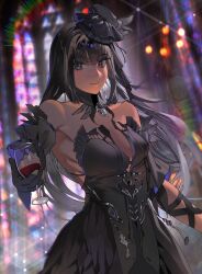 Rule 34 | 1girl, absurdres, bare shoulders, black collar, black dress, black eyes, black hair, black sleeves, breasts, cleavage, collar, cup, detached collar, detached sleeves, dress, drinking glass, highres, holding, holding cup, juliet sleeves, long hair, long sleeves, medium breasts, puffy sleeves, punishing: gray raven, qu (punishing: gray raven), short sleeves, sidelocks, solo, stained glass, wine glass, yongsadragon