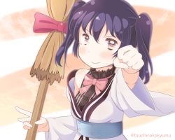 + +, 1girl, artist name, bangs, bare shoulders, black hair, black shirt, blue sash, blush, bow, bowtie, broom, broom ribbon, buttons, clenched hand, closed mouth, collared shirt, commentary request, cropped torso, eyebrows visible through hair, hair between eyes, holding, holding broom, japanese clothes, kimono, light blush, long sleeves, looking at viewer, medium hair, off shoulder, outstretched arm, pink background, pink bow, pink ribbon, red eyes, ribbon, sash, shiny, shiny hair, shirt, shoulder blush, sleeveless, sleeveless shirt, smile, solo, striped, striped shirt, tsuchinokokyumu, twintails, two-tone background, upper body, urara meirochou, vertical-striped shirt, vertical stripes, white background, white kimono, yukimi koume