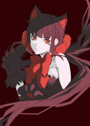 Rule 34 | 1girl, animal ears, animal hands, bare shoulders, black dress, bow, bowtie, cat ears, cat paws, closed mouth, commentary request, danganronpa (series), danganronpa v3: killing harmony, dress, fur-trimmed dress, fur trim, harukawa maki, highres, long hair, low twintails, mole, mole under eye, official alternate costume, ore sensei, red background, red bow, red bowtie, red eyes, red scrunchie, scrunchie, sidelocks, simple background, solo, twintails