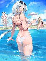 Rule 34 | 3girls, arm support, ass, azur lane, back, bare arms, bare legs, beach umbrella, bikini, bismarck (azur lane), black bikini, black one-piece swimsuit, blonde hair, blue eyes, blue sky, breasts, butt crack, cloud, cup, day, eyewear on head, filin, hair ribbon, highres, holding, holding cup, knee up, long hair, looking at viewer, medium breasts, multiple girls, navel, one-piece swimsuit, open mouth, outdoors, pool, prinz eugen (azur lane), ribbon, scarf, short hair, shoulder blades, sideboob, signature, sitting, sky, solo focus, standing, sunglasses, swimsuit, teeth, thigh strap, tirpitz (azur lane), umbrella, upper teeth only, very long hair, wading, white bikini, white hair