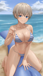 Rule 34 | 1girl, absurdres, bare arms, bare shoulders, barefoot, beach, between legs, bikini, blue bikini, blue eyes, breasts, cleavage, closed mouth, collarbone, grey hair, halterneck, highres, inflatable toy, inflatable whale, large breasts, looking at viewer, navel, ocean, pulling own clothes, short hair, smile, solo, stomach, strap pull, string bikini, striped bikini, striped clothes, swimsuit, thighs, uzaki-chan wa asobitai!, uzaki hana, water, yj (yojo san)