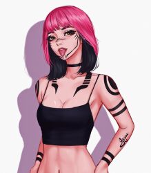 Rule 34 | 1girl, absurdres, arm tattoo, black camisole, black hair, body markings, breasts, brown eyes, camisole, choker, cleavage, commentary, crop top, drop shadow, eyelashes, facial mark, genderswap, genderswap (mtf), highres, jujutsu kaisen, looking at viewer, medium breasts, medium hair, midriff, multicolored hair, navel, pink hair, ryoumen sukuna (jujutsu kaisen), signature, simple background, solo, spaghetti strap, tattoo, tongue, tongue out, two-tone hair, upper body, white background, yajuu (tristan maska)
