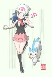 Rule 34 | 1girl, absurdres, animal ears, arms up, bare shoulders, beanie, black eyes, black shirt, black socks, blue eyes, blue hair, blush, breasts, character cutout, creatures (company), dawn (pokemon), female focus, full body, game freak, gen 4 pokemon, green background, hair ornament, hairclip, hat, heart, highres, kneehighs, knees together feet apart, leg lift, long hair, looking at viewer, looking up, matching hair/eyes, nintendo, outline, pachirisu, pink skirt, pokemon, pokemon (anime), pokemon (creature), pokemon dppt, red scarf, scarf, shirt, simple background, skirt, sleeveless, sleeveless shirt, small breasts, smile, socks, standing, standing on one leg, tail, tax2rin, teeth, text focus, translation request, v, v over eye, white headwear