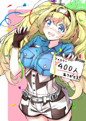Rule 34 | 1girl, absurdres, blonde hair, blue eyes, blue shirt, breast pocket, breasts, celebration, collared shirt, confetti, gambier bay (kancolle), gloves, hairband, highres, kantai collection, kotoba suzu, large breasts, looking at viewer, multicolored clothes, multicolored gloves, pink background, pocket, shirt, short sleeves, shorts, sign, solo, tears, twintails, two-tone background, white background