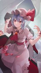 Rule 34 | 1girl, ascot, bat wings, blue hair, brooch, closed mouth, coffin, collared dress, commentary request, dress, flower, frilled shirt collar, frilled sleeves, frills, hat, hat ribbon, highres, jewelry, looking at viewer, medium hair, pink dress, pink hat, pointy ears, red ascot, red eyes, red flower, red nails, red ribbon, red rose, remilia scarlet, ribbon, rose, short sleeves, smile, solo, touhou, wings, wrist cuffs, zurui ninjin