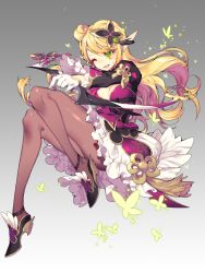 Rule 34 | 1girl, ;d, black footwear, blonde hair, bow (weapon), breasts, brown pantyhose, bug, butterfly, butterfly hair ornament, cleavage, elsword, frilled skirt, frills, full body, gloves, gradient background, green eyes, hair ornament, insect, long hair, one eye closed, open mouth, pantyhose, pika (kai9464), pointy ears, rena erindel, shoes, skirt, smile, solo, weapon, white gloves, white skirt