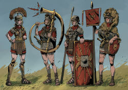Rule 34 | 4girls, animal skin hat, armor, banner, cornu, grass, greaves, greco-roman clothes, helmet, highres, ho-uja, holding, holding polearm, holding weapon, instrument, javelin (spear), multiple girls, music, original, pilum, plate armor, playing instrument, polearm, red tunic, roman clothes, roman empire, sandals, scale armor, shield, sword, total war, weapon