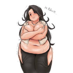 Rule 34 | 1girl, artist request, black hair, blue eyes, blush, breasts, cleavage, covering privates, covering breasts, fat, huge breasts, jewelry, necklace, sweat, thick thighs, thighs, weight gain, wide hips