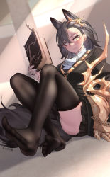 Rule 34 | 1girl, absurdres, animal ear fluff, animal ears, arknights, black coat, black hair, black nails, black skirt, blush, book, breasts, closed mouth, coat, earrings, extra ears, feet, gauntlets, highres, holding, holding book, indoors, jewelry, knee up, large breasts, light rays, looking at viewer, miniskirt, nail polish, on floor, open book, penance (arknights), pleated skirt, ring, short hair, signature, single gauntlet, sitting, skirt, solo, stud earrings, sunbeam, sunlight, tail, thighhighs, wolf ears, wolf girl, wolf tail, yamauchi (conan-comy), yellow eyes