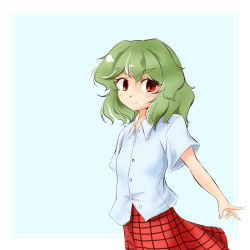 Rule 34 | 1girl, arms behind back, blue background, commentary, cowboy shot, green hair, highres, kazami yuuka, kys (k-k2), looking at viewer, no vest, plaid, plaid skirt, red eyes, shirt, short hair, short sleeves, simple background, skirt, smile, solo, touhou, untucked shirt, v, white shirt