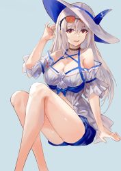 Rule 34 | 1girl, arknights, arm garter, arm support, bare shoulders, blue shorts, breasts, casual one-piece swimsuit, choker, cleavage, eyewear on head, feet out of frame, grey hair, hat, highres, invisible chair, large breasts, long hair, looking at viewer, one-piece swimsuit, open mouth, red eyes, shorts, sidelocks, simple background, sitting, skadi (arknights), skadi (waverider) (arknights), smile, solo, soma (soma404), sun hat, sunglasses, swimsuit, white hat