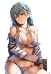 Rule 34 | 1girl, alternate costume, aqua hair, arm across waist, arm support, bad id, bad pixiv id, bare shoulders, belko, bikini, breasts, cleavage, closed mouth, collarbone, collared shirt, expressionless, green eyes, groin, hair between eyes, hair ornament, hairclip, highres, kantai collection, large breasts, long hair, long sleeves, looking away, off shoulder, open clothes, open shirt, shirt, side-tie bikini bottom, sidelocks, simple background, sitting, skindentation, solo, stomach, string bikini, suzuya (kancolle), swimsuit, thighs, white background, white bikini, white shirt