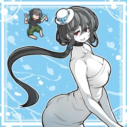 Rule 34 | 1boy, 1girl, 2channel, bare shoulders, barefoot, black hair, breasts, chibi, child, choker, cleavage, ghost, hasshaku-sama, hat, kara age, large breasts, long hair, monster girl, open mouth, original, pale skin, ponytail, red eyes, shorts, smile, takaonna, tears, tongue