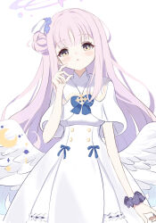 Rule 34 | 1girl, angel wings, black footwear, blue archive, blue bow, blue bowtie, blush, bow, bowtie, capelet, cram960, dress, frilled dress, frills, hair bun, hair ornament, hair scrunchie, halo, highres, long hair, looking at viewer, low wings, mika (blue archive), pantyhose, pink hair, scrunchie, simple background, single hair bun, smile, solo, white capelet, white dress, white pantyhose, white scrunchie, white wings, wing ornament, wings, wrist scrunchie, yellow eyes