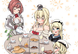 Rule 34 | 4girls, ark royal (kancolle), biscuit (bread), black sailor collar, blonde hair, blue eyes, blue sailor collar, blush, bob cut, bow, braid, breasts, check commentary, cleavage, closed eyes, commentary, commentary request, crown, cup, curly hair, dress, french braid, gloves, grey dress, hat, headband, highres, holding, holding teapot, janus (kancolle), jervis (kancolle), kantai collection, large breasts, mini crown, multiple girls, musical note, off-shoulder dress, off shoulder, red bow, red hair, round table, sailor collar, sailor dress, sailor hat, sakura ab, short hair, simple background, sitting, smile, table, tea party, teacup, teapot, tiara, warspite (kancolle), white headband
