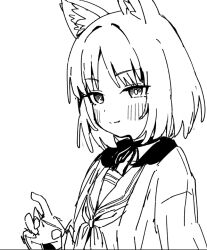 Rule 34 | 1girl, animal ear fluff, animal ears, blue archive, blush, choker, closed mouth, greyscale, hand up, holding, kikyou (blue archive), looking at viewer, monochrome, neckerchief, open clothes, parted bangs, sailor collar, school uniform, serafuku, seramikku, shirt, short sleeves, simple background, smile, solo, white background