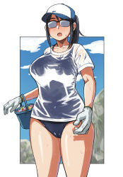 Rule 34 | 1girl, :o, baseball cap, black hair, blue one-piece swimsuit, blush, breasts, bucket, cloud, day, glasses, gloves, hat, highres, houkago teibou nisshi, large breasts, long hair, omuraashu, one-piece swimsuit, oono makoto, opaque glasses, open mouth, outdoors, ponytail, see-through, shirt, short sleeves, sidelocks, sky, solo, sweat, swimsuit, swimsuit under clothes, wet, wet clothes, wet shirt