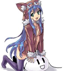 Rule 34 | 1girl, animal ears, blue hair, breasts, goggles, green eyes, jacket, jaggy lines, long hair, lowres, medium breasts, oekaki, open clothes, open jacket, original, poporon, slime (creature), smile, solo, thighhighs