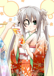 Rule 34 | eretto, hanetsuki, japanese clothes, kimono, new year, one eye closed, original, solo, twintails, wink