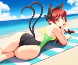 Rule 34 | 1girl, alternate costume, animal ears, ass, bare arms, bare legs, bare shoulders, beach, beach towel, black bow, blue sky, blush, bow, braid, breasts, cat ears, cat tail, cloud, cloudy sky, commentary, competition swimsuit, day, extra ears, hair bow, isaki (gomi), kaenbyou rin, looking at viewer, multiple tails, ocean, one-piece swimsuit, outdoors, pointy ears, short hair with long locks, sky, small breasts, smile, solo, striped, swimsuit, tail, thighs, touhou, towel, twin braids, two tails