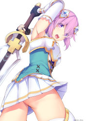 Rule 34 | 1girl, :d, arm up, armor, armpits, ass, black gloves, breastplate, cowboy shot, daiaru, eyes visible through hair, fingerless gloves, four goddesses online: cyber dimension neptune, from behind, from below, gloves, hair ornament, hair over eyes, highres, holding, holding sword, holding weapon, neptune (neptunia), neptune (series), no panties, open mouth, purple eyes, purple hair, skirt, smile, solo, sword, twitter username, weapon, white skirt