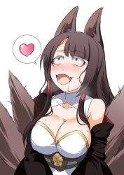 Rule 34 | 1girl, :d, ahegao, akagi (azur lane), animal ears, azur lane, bare shoulders, blouse, blunt bangs, blush, breasts, brown hair, cleavage, commentary request, drooling, eyeliner, fangs, fox ears, fox tail, heart, large breasts, long hair, makeup, multiple tails, open mouth, red eyes, shirt, simple background, sleeveless, sleeveless shirt, smile, solo, spoken heart, steed (steed enterprise), sweat, swept bangs, tail, upper body, white shirt