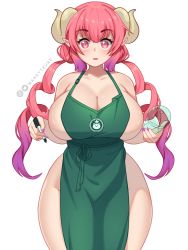 Rule 34 | 1girl, :o, absurdres, apron, bare shoulders, barista, blurry, blush, bottomless, breasts, cafe, cleavage, coffee cup, collarbone, commentary, cowboy shot, cup, curvy, disposable cup, dragon girl, dragon horns, english commentary, fingernails, gradient hair, green apron, hands up, highres, holding, holding cup, holding marker, horns, huge breasts, iced latte with breast milk (meme), ilulu (maidragon), instagram username, kobayashi-san chi no maidragon, long hair, looking at viewer, mandytsune, marker, meme, multicolored hair, nail polish, naked apron, pink eyes, pink hair, pointy ears, purple hair, sideboob, simple background, skindentation, slit pupils, solo, thick thighs, thighs, topless, twintails, twitter logo, twitter username, watermark, white background, wide hips