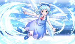 Rule 34 | 1girl, blue dress, blue eyes, blue hair, blue sky, bow, cirno, cloud, collared shirt, dress, gradient background, hair bow, highres, ice, ice wings, looking at viewer, matching hair/eyes, open mouth, puffy short sleeves, puffy sleeves, risutaru, shirt, shoes, short hair, short sleeves, sky, smile, solo, touhou, wings