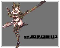 1girl armored_boots bikini bincan blonde_hair boots bow bp7793123416677 breasts bridal_gauntlets camouflage camouflage_bikini camouflage_thighhighs cannon detached_collar fingerless_gloves frills gauntlets gloves green_eyes gun headset high_heel_boots high_heels highres large_breasts leclerc_(personification) looking_at_viewer navel original panties personification short_hair swimsuit underwear weapon