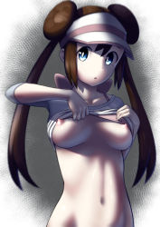 Rule 34 | 1girl, :o, blue eyes, bra, bra lift, breasts, bright pupils, brown hair, clothes lift, creatures (company), double bun, game freak, hair between eyes, hair bun, lifting own clothes, looking at viewer, medium breasts, navel, nintendo, nipples, open mouth, pink bra, pokemon, pokemon bw2, rosa (pokemon), shirt lift, solo, stomach, toro (trtr29), twintails, underwear, visor cap