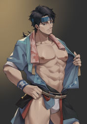 Rule 34 | 1boy, abs, absurdres, aussummer, bara, bare pectorals, black hair, blue eyes, blue headband, blue robe, bulge, character request, collarbone, commentary request, cowboy shot, facial hair, floral print, fundoshi, goatee, gradient background, headband, highres, japanese clothes, large pectorals, light smile, looking at viewer, male focus, medium hair, muscular, muscular male, nipples, nose, onmyoji, open clothes, parted bangs, pectorals, robe, solo, standing, undressing, wristband