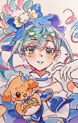 Rule 34 | 1girl, absurdres, blue hair, blush, brooch, commentary request, cufi1124, cure spicy, delicious party precure, earrings, fuwa kokone, gloves, green eyes, heart, heart brooch, highres, jewelry, korean commentary, long hair, magical girl, open mouth, pam-pam (precure), precure, side ponytail, smile, solo, traditional media, white gloves