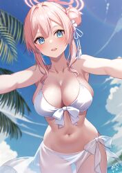 Rule 34 | 1girl, absurdres, bare shoulders, beach, bikini, blue archive, blue eyes, breasts, cleavage, collarbone, front-tie bikini top, front-tie top, guri (gri1211), hair bun, hair ornament, halo, highres, large breasts, long hair, looking at viewer, mimori (blue archive), mimori (swimsuit) (blue archive), navel, official alternate costume, outdoors, pink hair, single side bun, smile, solo, swimsuit, white bikini