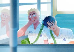 Rule 34 | 2boys, absurdres, bag, blonde hair, blue hair, blush, collared shirt, gaydio zrong, glasses, headphones, highres, looking at another, male focus, multiple boys, open mouth, original, reflection, shared headphones, shirt, short hair, shoulder bag, sitting, sleeping, sleeping on person, smile, white shirt, yaoi
