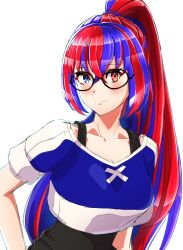 Rule 34 | 1girl, absurdres, alear (female) (fire emblem), alear (fire emblem), blue eyes, blue hair, crossed bangs, fire emblem, fire emblem engage, glasses, hair between eyes, heterochromia, highres, long hair, looking at viewer, multicolored hair, nintendo, official alternate hairstyle, ponytail, red eyes, red hair, solo, split-color hair, to (tototo tk), training outfit (fire emblem engage), two-tone hair, white background