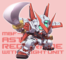 Rule 34 | character name, chibi, fighting stance, gundam, gundam astray red frame, gundam seed, gundam seed astray, katana, king of unlucky, looking at viewer, mecha, no humans, pink background, reflection, robot, sheath, simple background, solo, sword, weapon