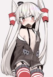 Rule 34 | 1girl, amatsukaze (kancolle), black dress, blush, brown footwear, candy, chocolate, chocolate heart, collarbone, cowboy shot, dress, flat chest, food, garter straps, gloves, grey background, hair tubes, heart, kantai collection, long hair, long sleeves, monaka ooji, mouth hold, red thighhighs, sailor collar, sailor dress, silver hair, simple background, solo, thighhighs, two side up, valentine, white gloves, white sailor collar