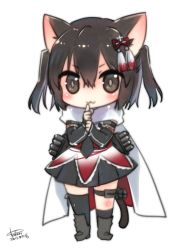 Rule 34 | &gt;:3, 10s, 1girl, 2015, :3, animal ears, asymmetrical legwear, bad id, bad twitter id, black eyes, black hair, blush, cat ears, cat tail, chibi, commentary, dated, elbow gloves, fingerless gloves, full body, gloves, hair ornament, kantai collection, kemonomimi mode, koruri, scarf, sendai (kancolle), sendai kai ni (kancolle), signature, simple background, solo, standing, tail, thigh strap, twintails, two side up, uneven legwear, v-shaped eyebrows, white background