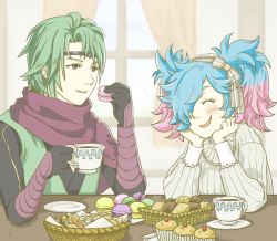 Rule 34 | 1boy, 1girl, bad id, bad pixiv id, blue hair, blush, closed eyes, cookie, cup, cupcake, eating, fire emblem, fire emblem fates, food, gloves, green hair, hair over one eye, kaze (fire emblem), macaron, multicolored hair, nintendo, open mouth, peri (fire emblem), pink hair, purple eyes, scarf, teacup, thumbprint cookie, twintails, two-tone hair, usayuki