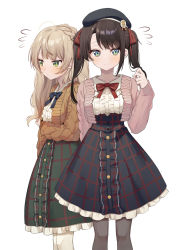 Rule 34 | 2girls, absurdres, ahoge, alternate costume, alternate hairstyle, arm at side, arm under breasts, beret, black bow, black headwear, black pantyhose, black skirt, blonde hair, blue eyes, blush, bow, bowtie, braid, breasts, brown cardigan, brown hair, cardigan, closed mouth, collared shirt, embarrassed, flying sweatdrops, frilled skirt, frills, green eyes, green skirt, hair ribbon, hat, hat pin, high-waist skirt, highres, holding, holding hair, hololive, indie virtual youtuber, long hair, long sleeves, looking at viewer, looking away, looking to the side, medium breasts, medium skirt, meme attire, multicolored eyes, multiple girls, official alternate costume, oozora subaru, oozora subaru (casual), pantyhose, parted bangs, pink cardigan, plaid, plaid skirt, red bow, red bowtie, red ribbon, ribbon, shigure ui (vtuber) (casual), shigure ui (vtuber), shirt, shirt tucked in, simple background, skirt, standing, sweatdrop, syhan, twintails, virgin killer outfit, virtual youtuber, white background, white pantyhose, white shirt