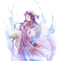 1girl book capelet character_name closed_eyes crescent dress female_focus grimoire hair_ribbon hat long_hair long_sleeves patchouli_knowledge purple_dress purple_hair ribbon shihou_(g-o-s) solo striped_clothes striped_dress touhou tress_ribbon very_long_hair