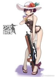 Rule 34 | 1girl, alternate hairstyle, artist request, bad id, bad twitter id, blush, bracelet, bullpup, choker, drink, full body, girls&#039; frontline, gun, hat, highres, jewelry, long hair, looking at viewer, parted lips, purple hair, red eyes, rifle, scope, sniper rifle, solo, straw hat, swimsuit, wa2000 (girls&#039; frontline), walther, walther wa 2000, weapon