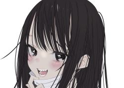 Rule 34 | 1girl, :d, black eyes, black hair, blush, close-up, eyelashes, highres, kawai rou, long hair, looking at viewer, mask, mask pull, mouth mask, open mouth, original, portrait, sharp teeth, simple background, smile, solo, surgical mask, teeth, white background, white mask