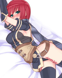 Rule 34 | 1girl, arms up, bad id, bad pixiv id, bed sheet, black panties, black thighhighs, blush, breasts, folks (nabokof), gloves, green eyes, looking at viewer, lying, nel zelpher, on side, panties, red hair, scarf, short hair, solo, square enix, star ocean, star ocean till the end of time, tattoo, thighhighs, underwear