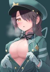 Rule 34 | 1girl, artist request, bad id, bad pixiv id, black ribbon, blouse, braid, breasts, cleavage, flashing, gloves, hair over one eye, hair ribbon, hat, highres, large breasts, long hair, military, military hat, military uniform, neck ribbon, no bra, open clothes, open shirt, peaked cap, pin, ribbon, sequel (series), sequel awake, sequel blight, shirt, single braid, tirma riema, uniform, white gloves, yellow eyes