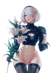 Rule 34 | 1girl, 2b (nier:automata), black gloves, black hairband, black thighhighs, blue eyes, bob cut, breasts, cleavage, cleavage cutout, clothing cutout, cowboy shot, flower, gloves, hair over one eye, hairband, hand on own chest, highres, lily (flower), long sleeves, medium breasts, mole, mole under mouth, nier:automata, nier (series), parted lips, paulina klime, short hair, solo, thigh gap, thighhighs, twitter username, two-tone leotard, white bag, white flower, white hair