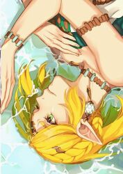 Rule 34 | 1girl, bare shoulders, blonde hair, bracelet, braid, choker, circlet, closed mouth, dress, earrings, eorinamo, green eyes, hand on own chest, jewelry, multicolored clothes, multicolored dress, nintendo, parted bangs, partially submerged, pointy ears, princess zelda, short hair, side braids, solo, the legend of zelda, the legend of zelda: tears of the kingdom, upper body