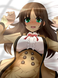 Rule 34 | 1boy, 1girl, :d, alice gear aegis, bed sheet, blazer, blush, bow, bowtie, brown hair, center frills, commentary request, frills, goma (gomasamune), green eyes, holding hands, highres, jacket, kaneshiya sitara, long hair, looking at viewer, lying, open mouth, pov, school uniform, smile, solo focus, sweat